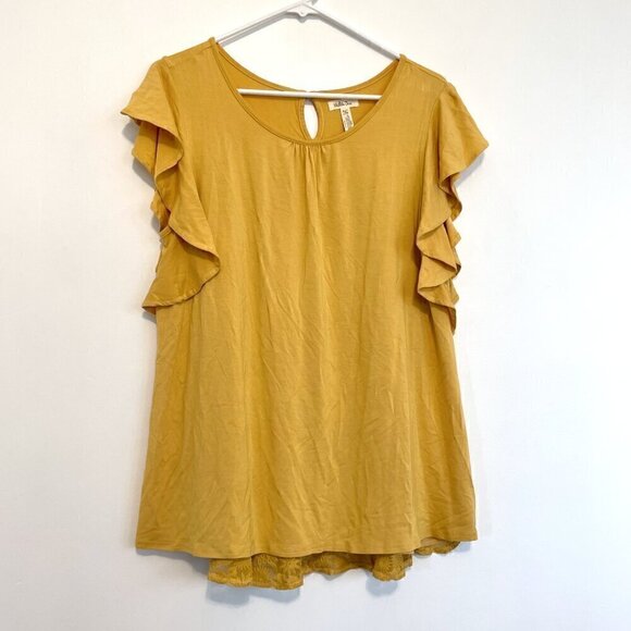 MATILDA JANE Bocce Ball Lace Accent Top Mustard Yellow Lace Back Short Sleeve M - Picture 3 of 16